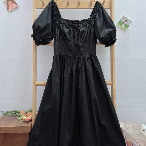 Dresses & Skirts - Black Puff Sleeve Midi Dress With Square Neck